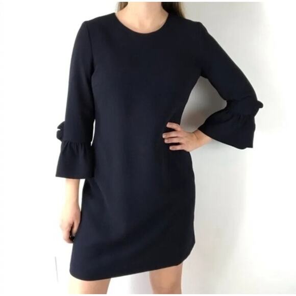 Club Monaco Crepe Shift Dress 3/4 Bell Ruffle Sleeves 2 Cocktail Event Navy Blue - Picture 4 of 10